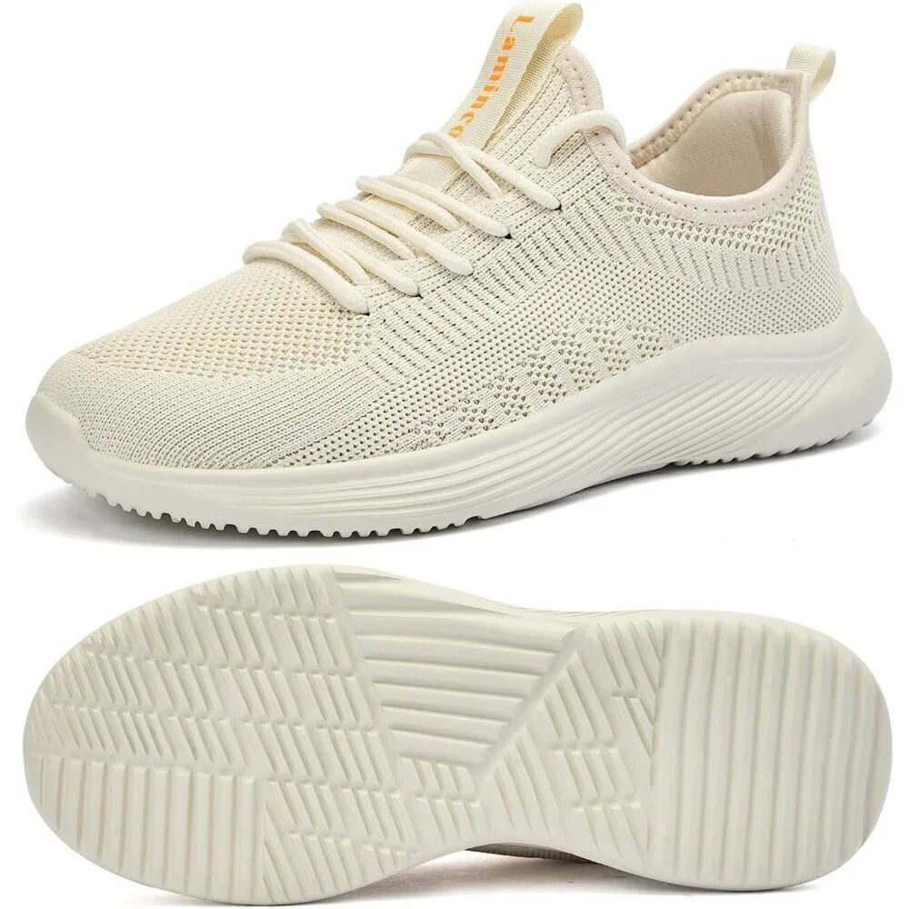 Women's Beige Non Slip Casual Running Lightweight Mesh Fashion Sneakers